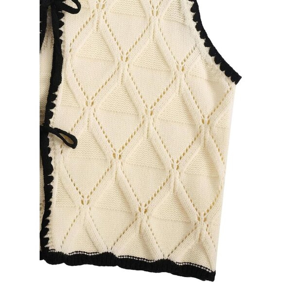 Women's Knit Sweater Vest Acrylic Small V Neck Contrast Binding Tie Front - Picture 6 of 7
